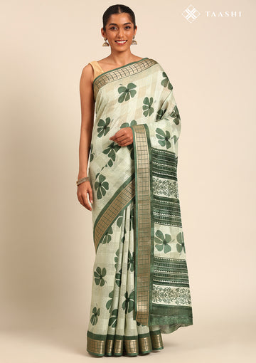 Green Hibiscus Printed Tussar Saree - Taashi