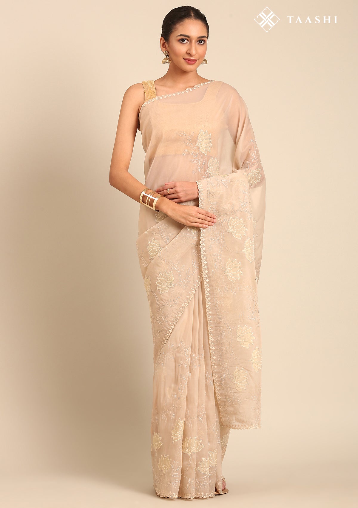 Cream Lotus Embroidered Tussar Saree - Taashi
