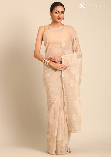 Cream Lotus Embroidered Tussar Saree - Taashi