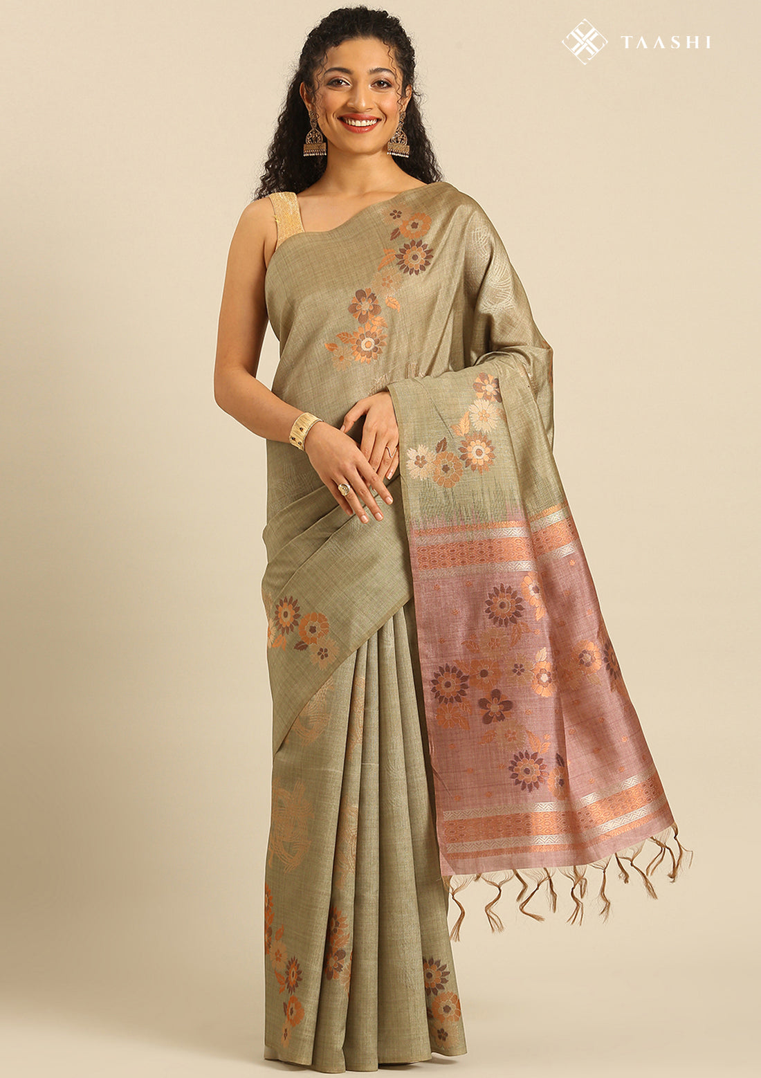 Dusty Olive Floral Woven Tussar Saree - Taashi