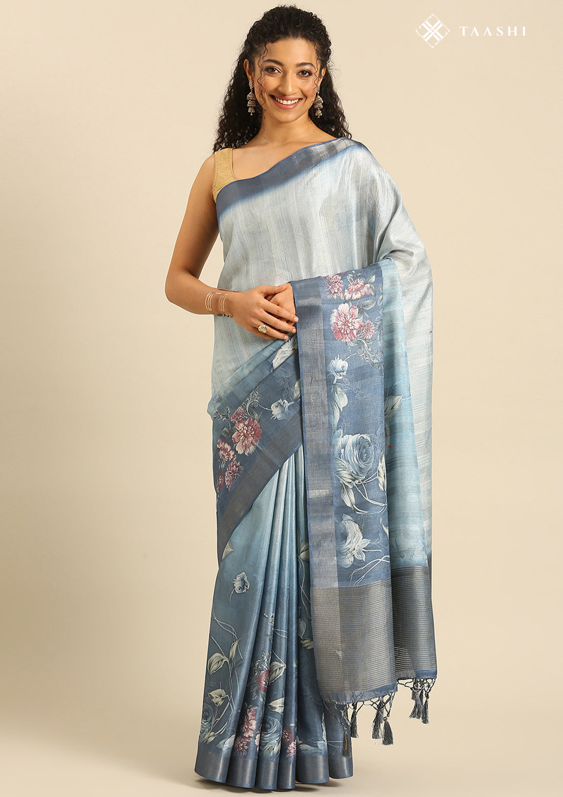 Dusty Blue Floral Printed Tussar Saree - Taashi