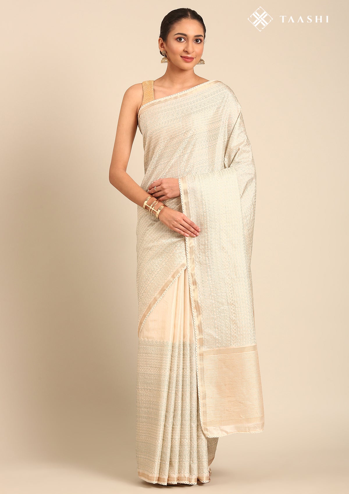 Cream Fancy Embroidery Tussar Saree - Taashi
