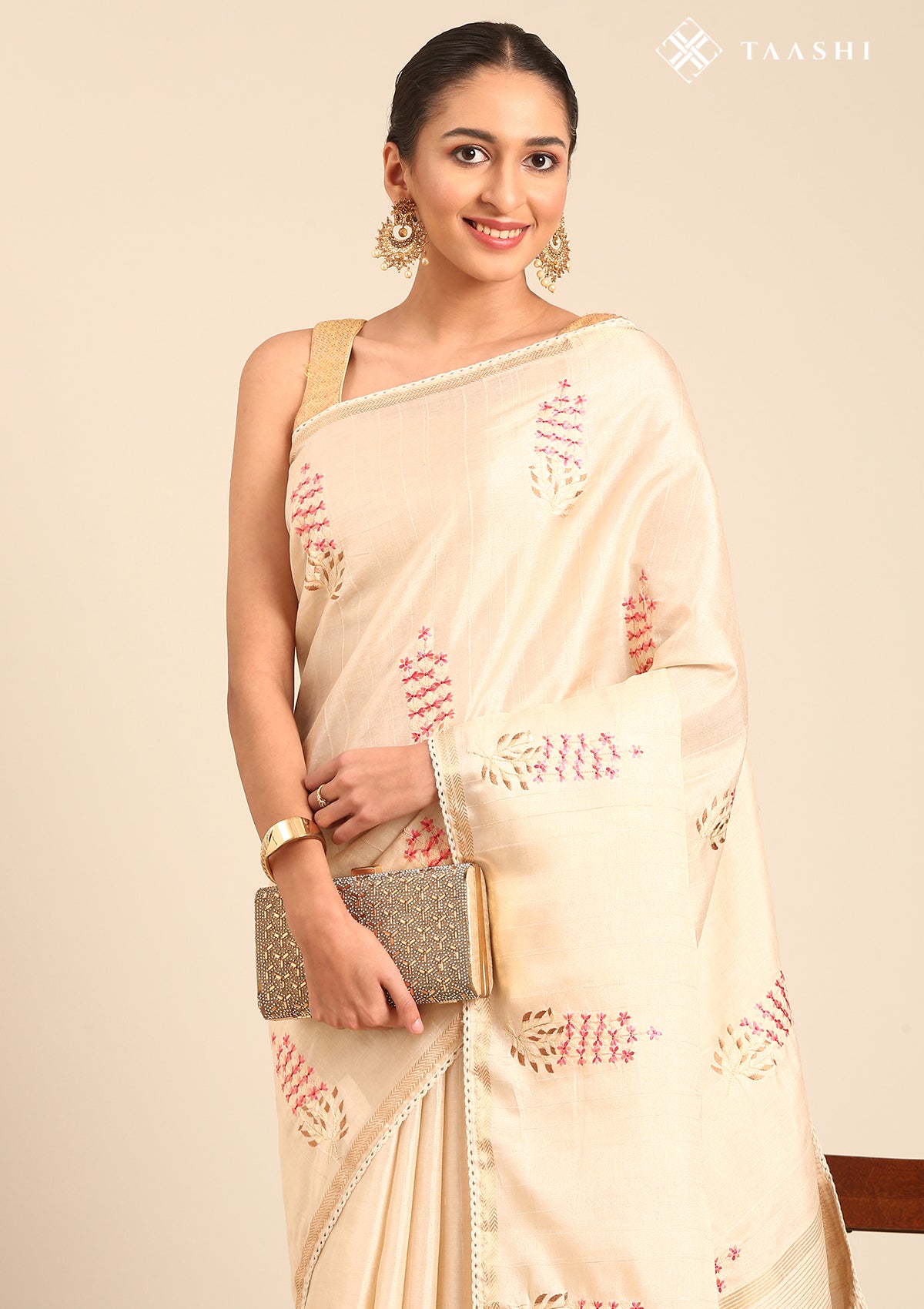 Cream Fancy Embroidery Tussar Saree - Taashi