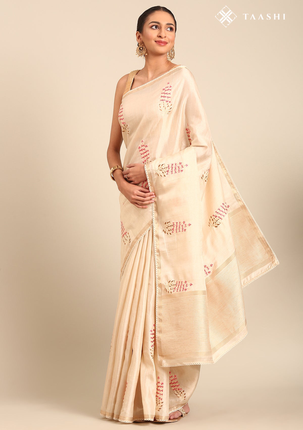 Cream Fancy Embroidery Tussar Saree - Taashi