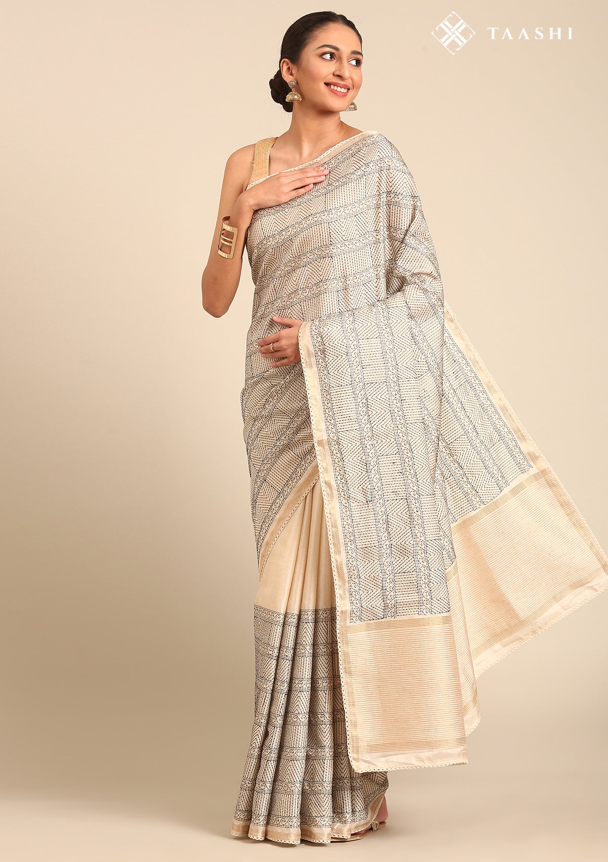 Cream Fancy Embroidery Tussar Saree - Taashi