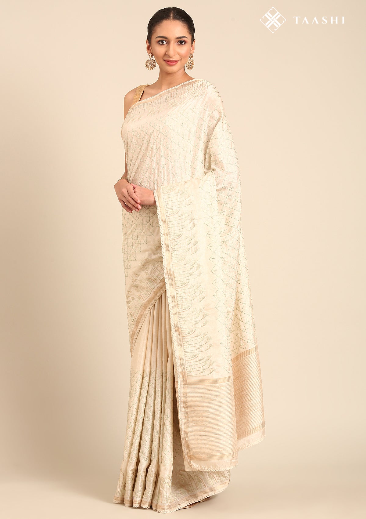 Cream Fancy Embroidery Tussar Saree - Taashi
