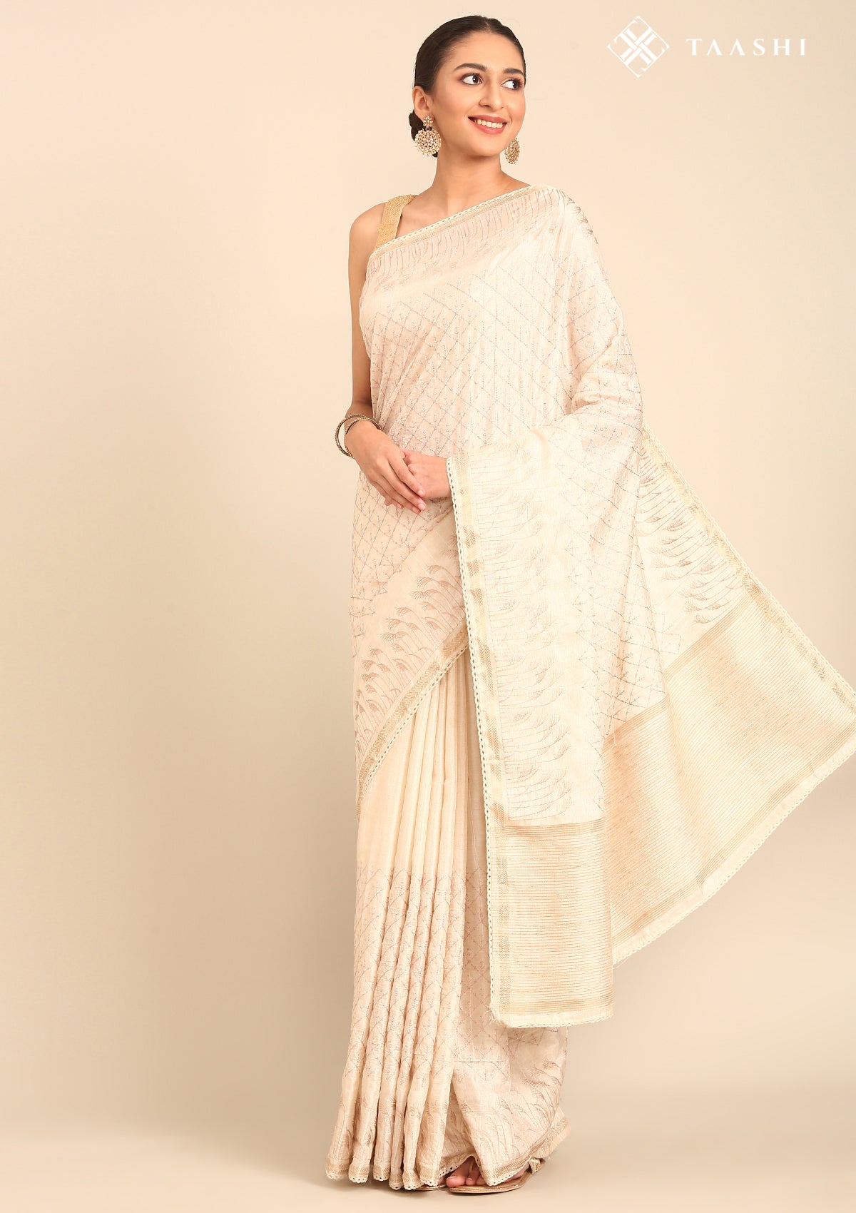 Cream Fancy Embroidery Tussar Saree - Taashi