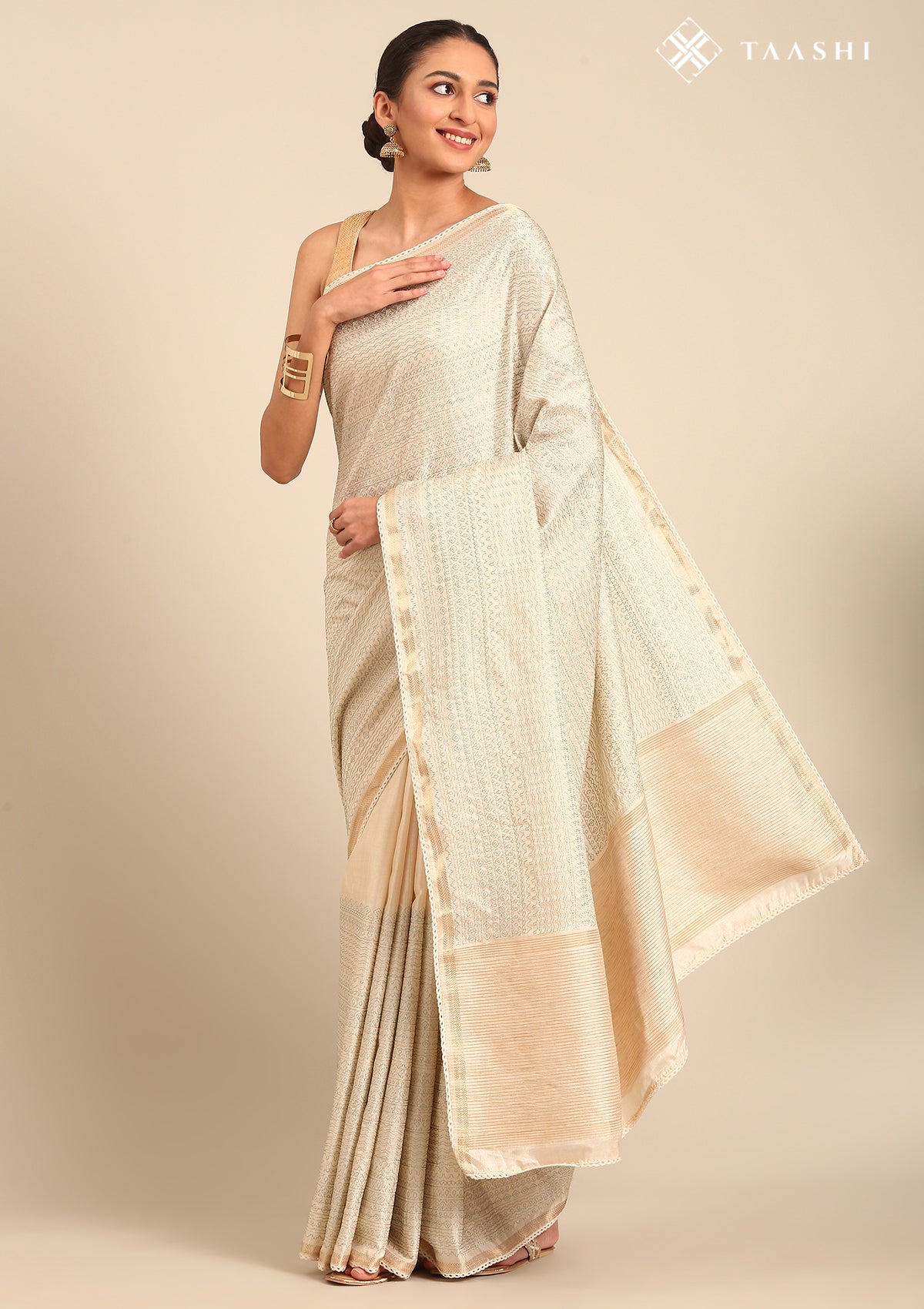 Cream Fancy Embroidery Tussar Saree - Taashi