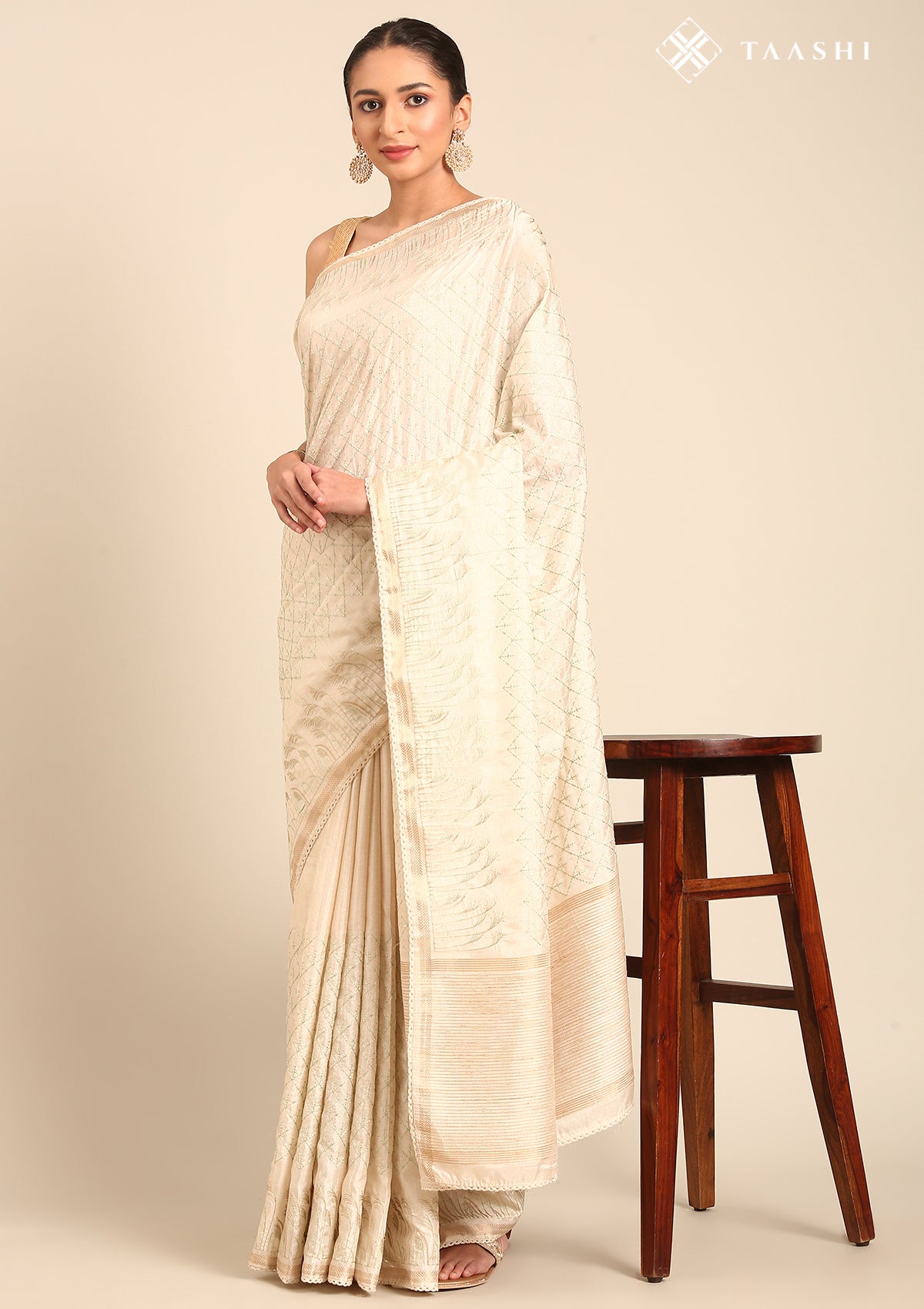 Cream Fancy Embroidery Tussar Saree - Taashi
