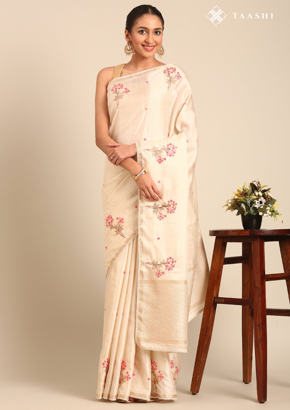 Cream Fancy Embroidery Tussar Saree - Taashi