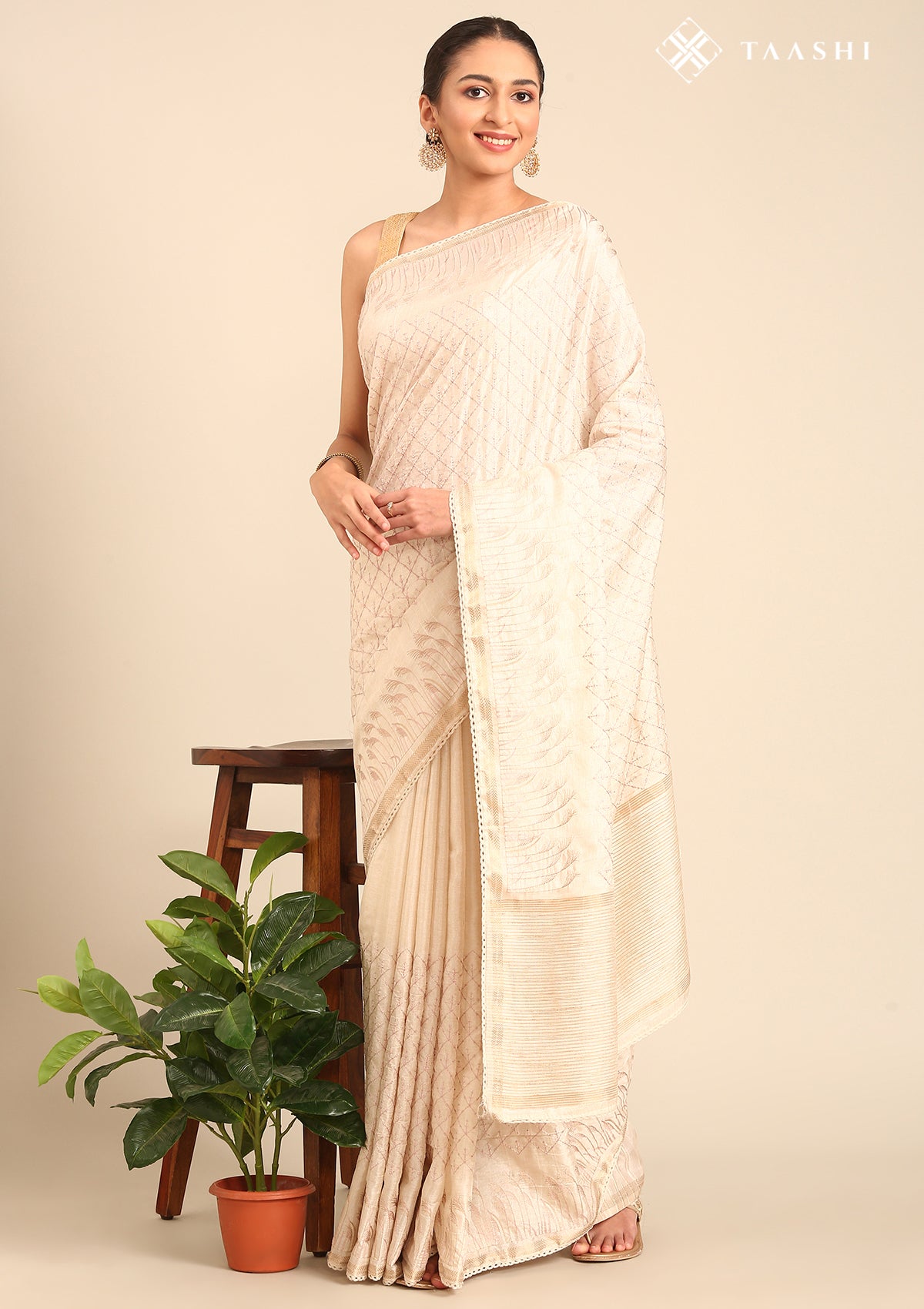 Cream Fancy Embroidery Tussar Saree - Taashi