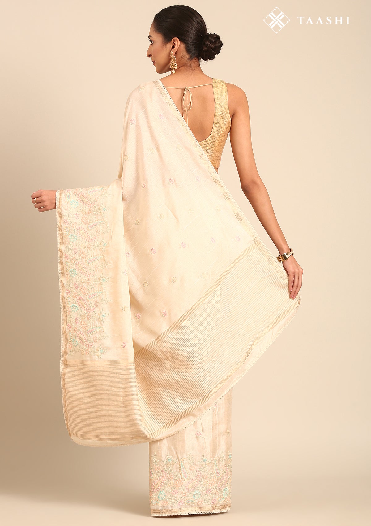 Cream Fancy Embroidery Tussar Saree - Taashi