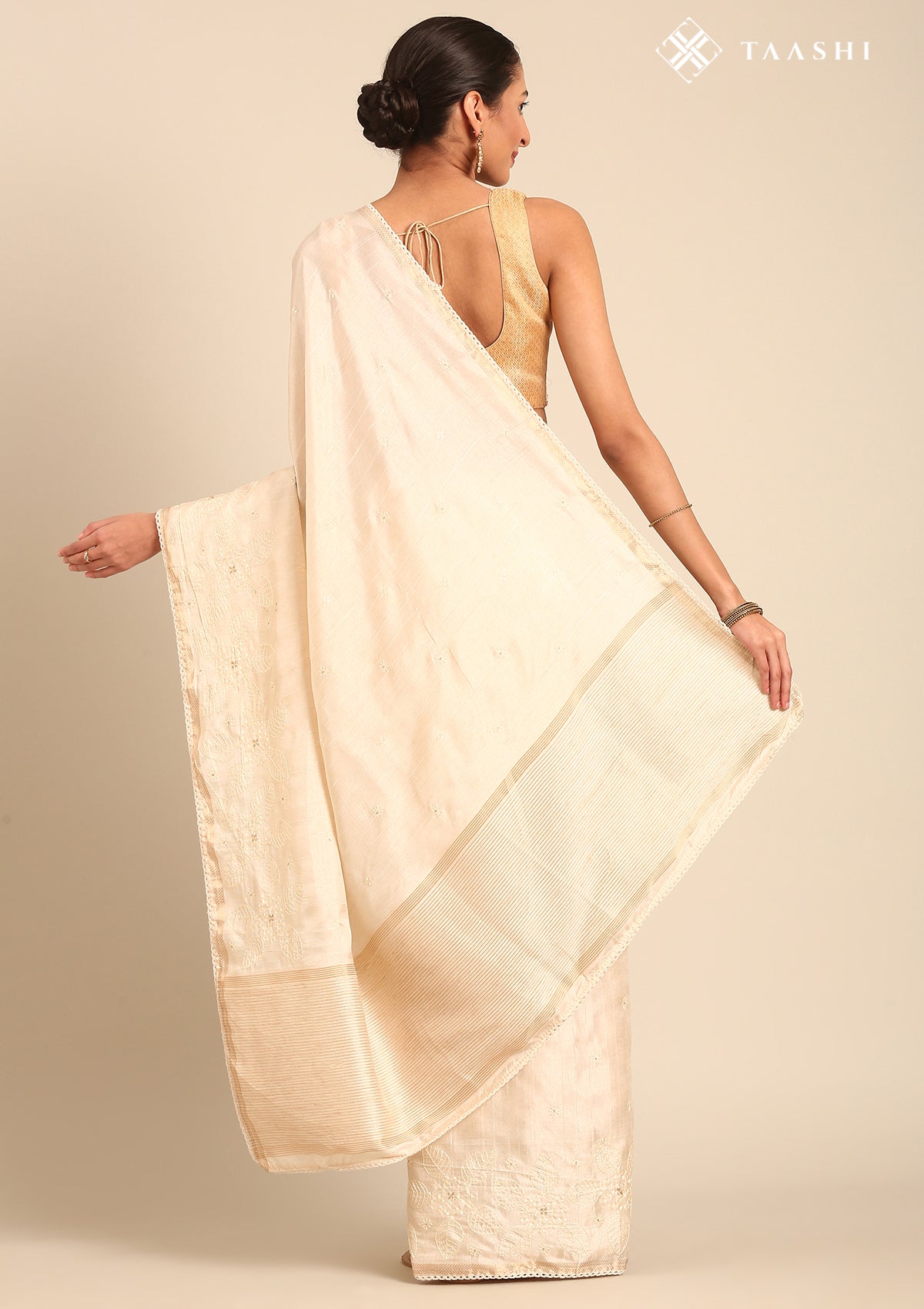 Cream Fancy Embroidery Tussar Saree - Taashi