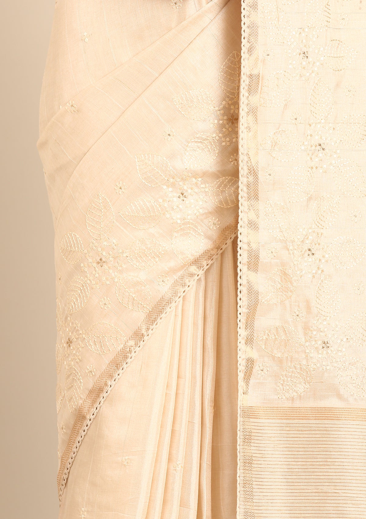 Cream Fancy Embroidery Tussar Saree - Taashi