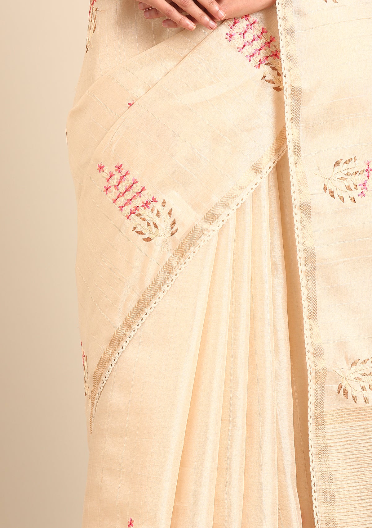 Cream Fancy Embroidery Tussar Saree - Taashi