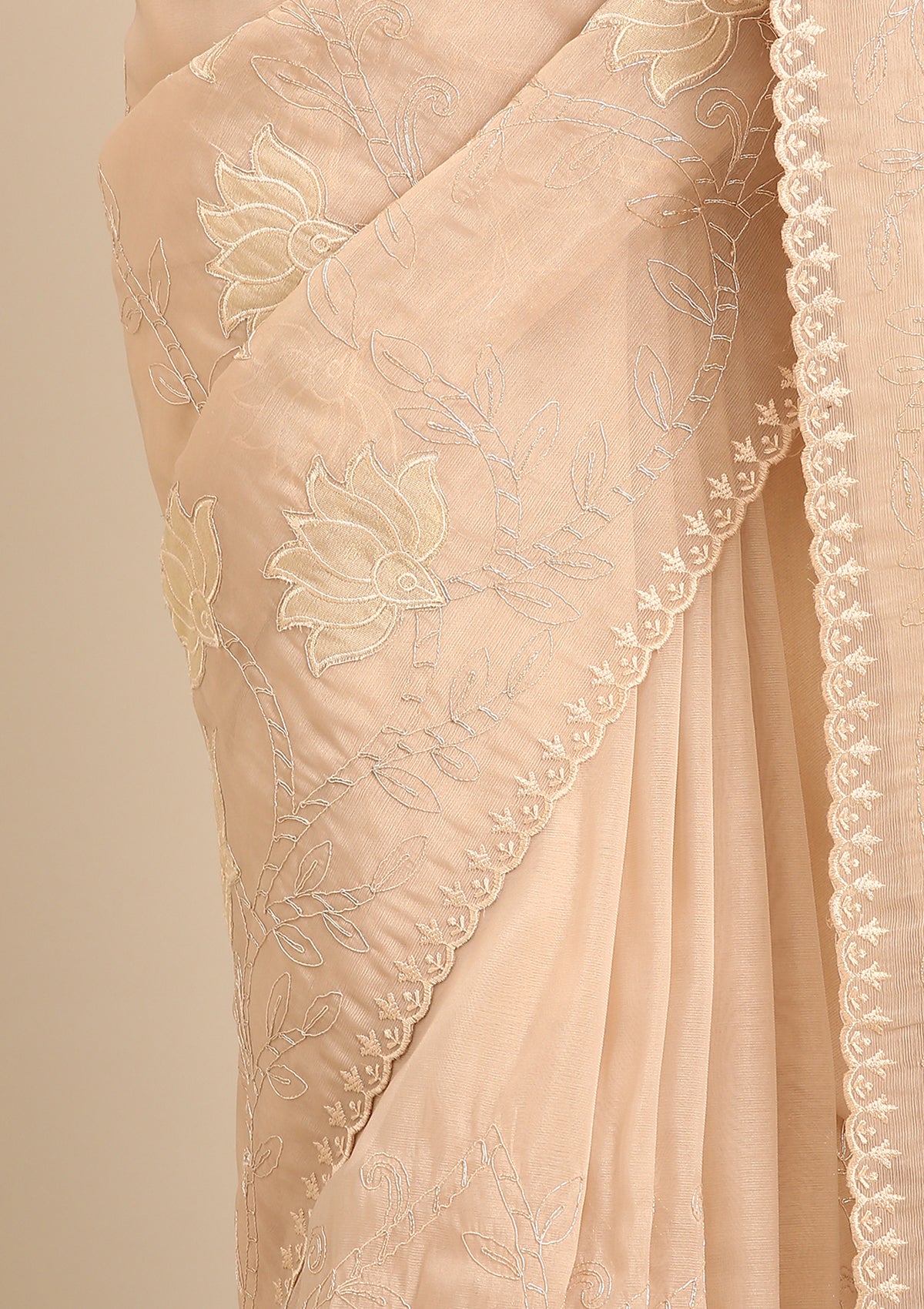 Cream Lotus Embroidered Tussar Saree - Taashi