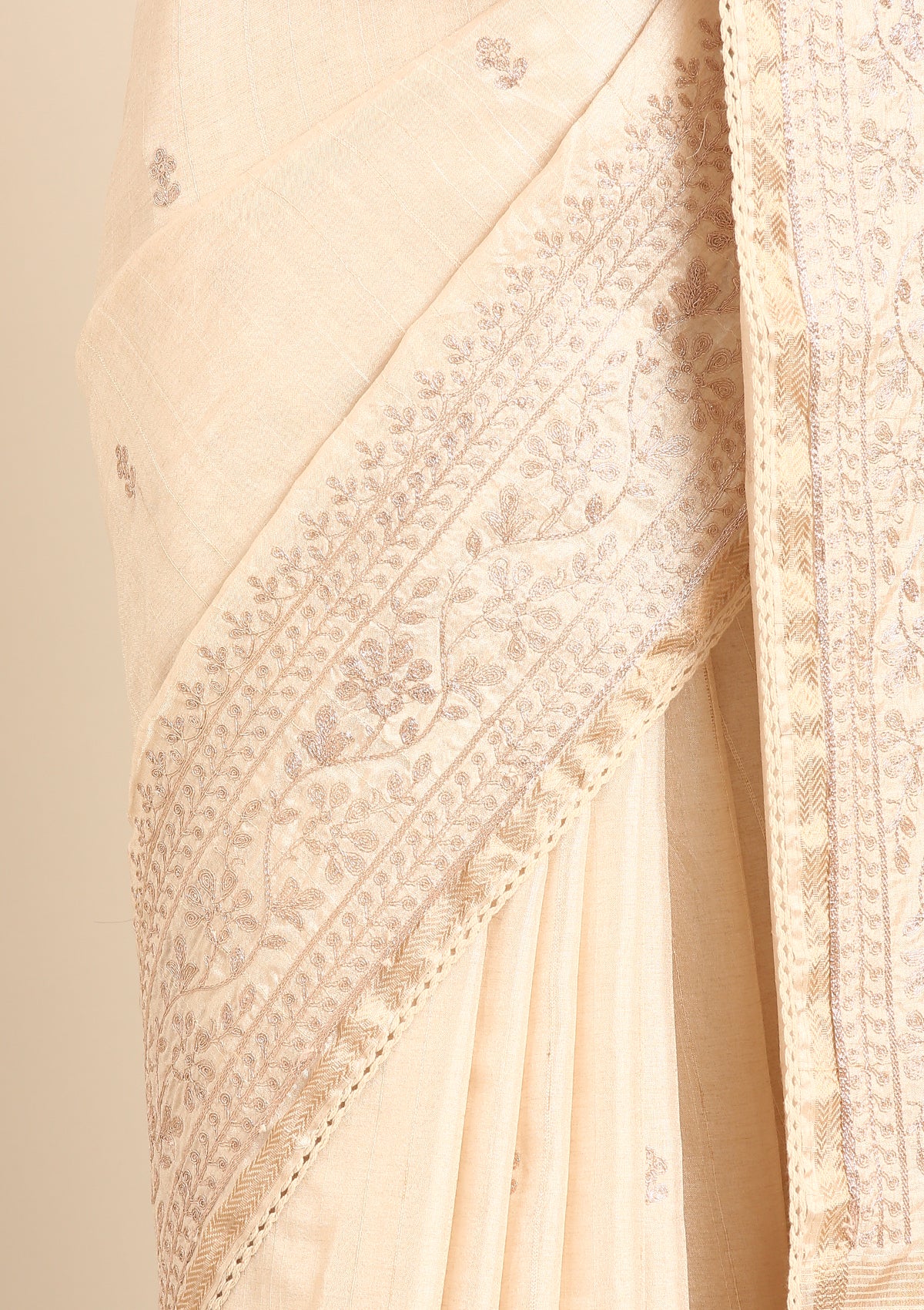 Cream Fancy Embroidery Tussar Saree - Taashi