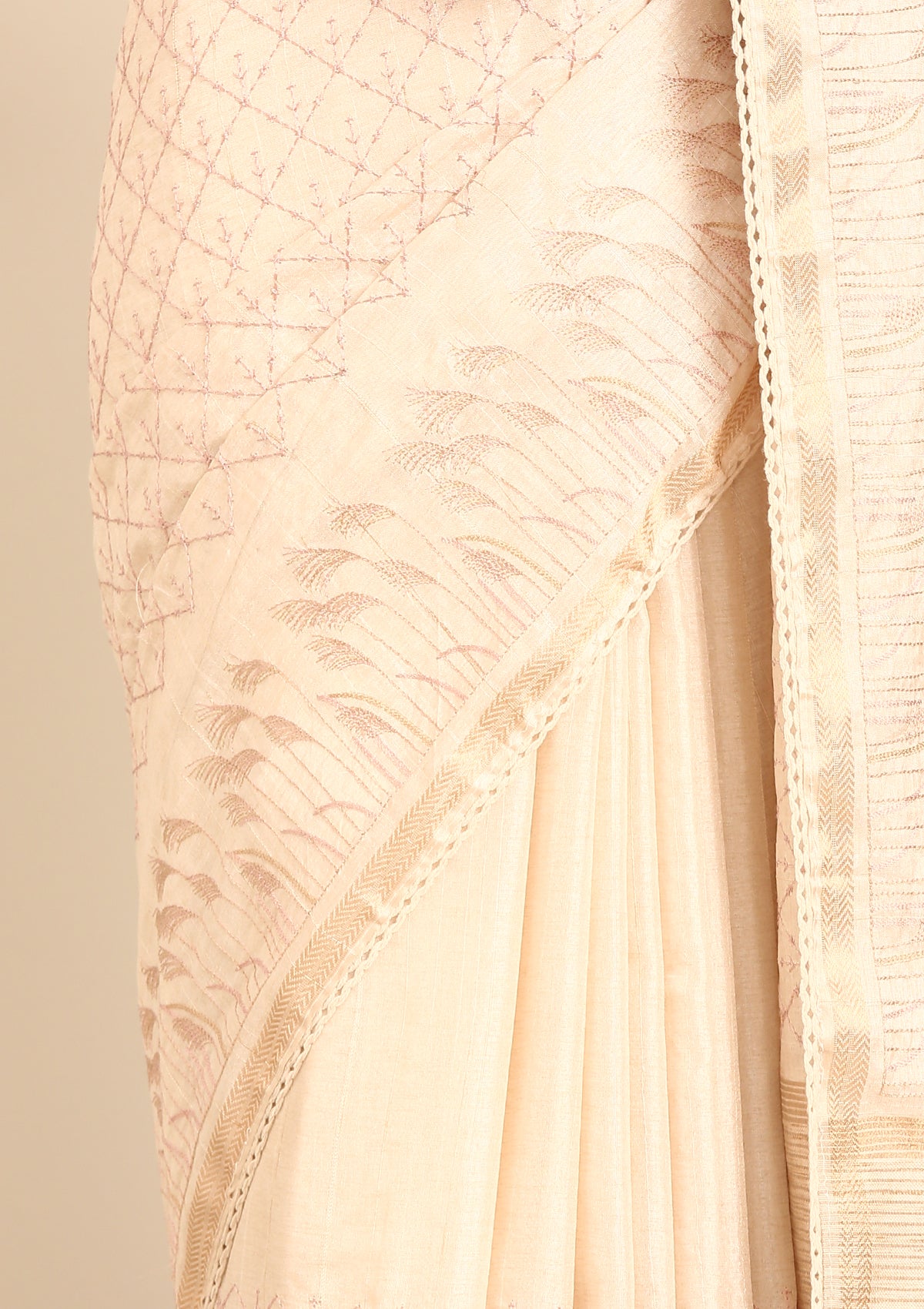 Cream Fancy Embroidery Tussar Saree - Taashi