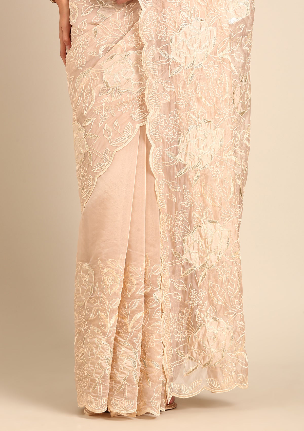 Cream A/O Floral Embroidered Tussar Saree - Taashi