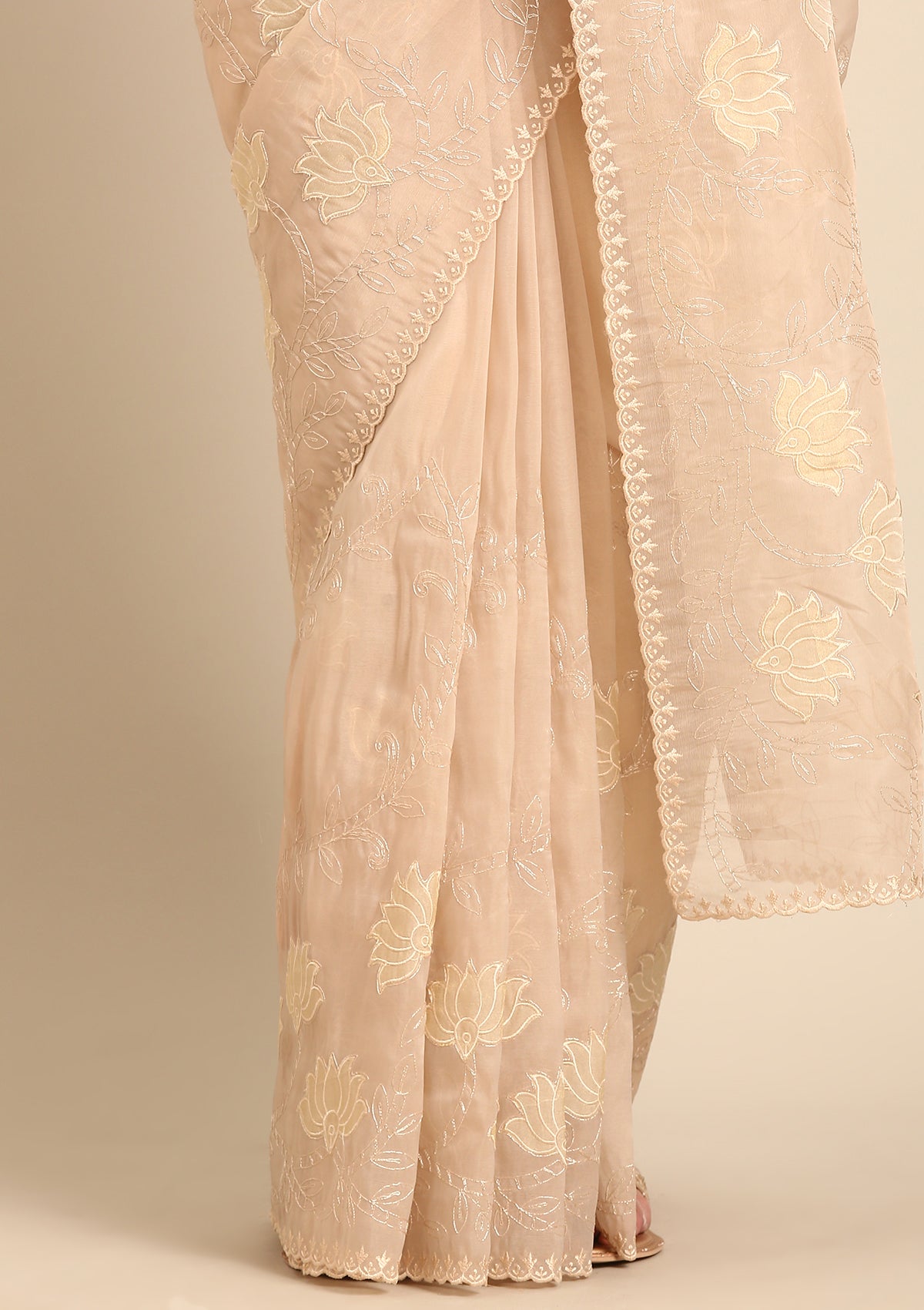 Cream Lotus Embroidered Tussar Saree - Taashi