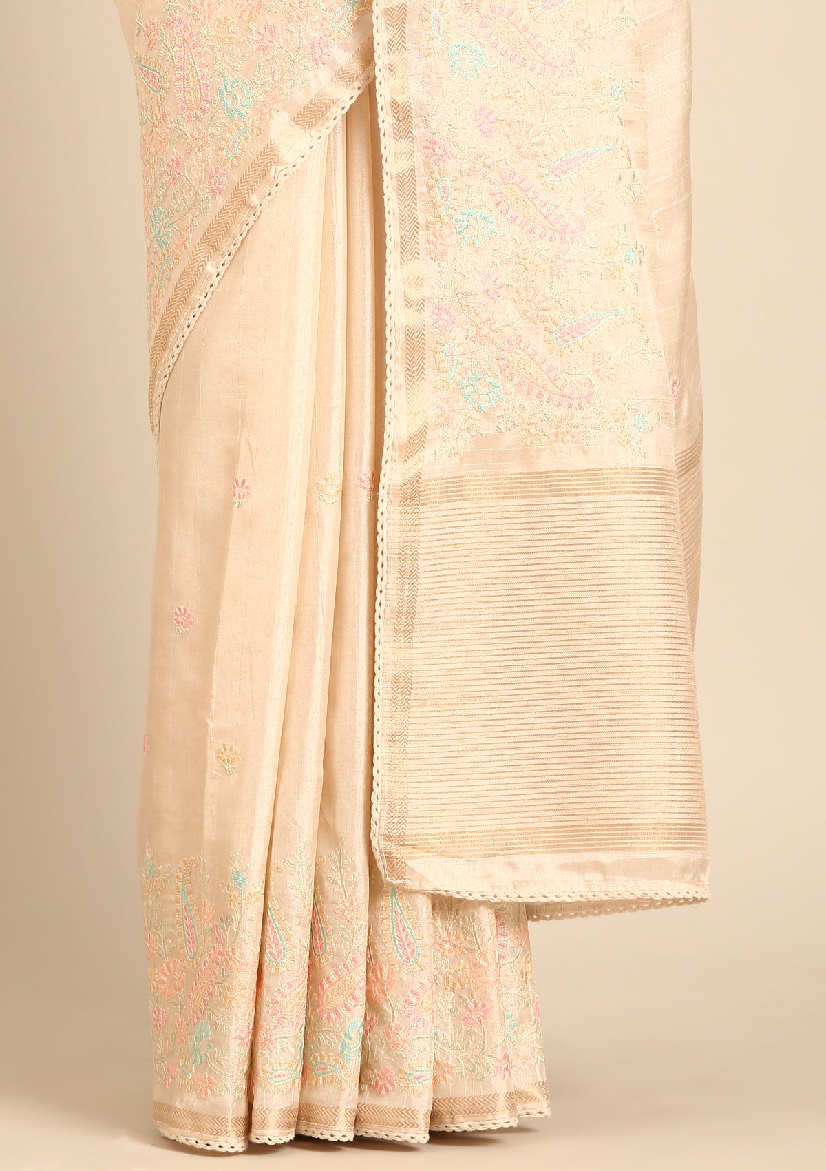 Cream Fancy Embroidery Tussar Saree - Taashi