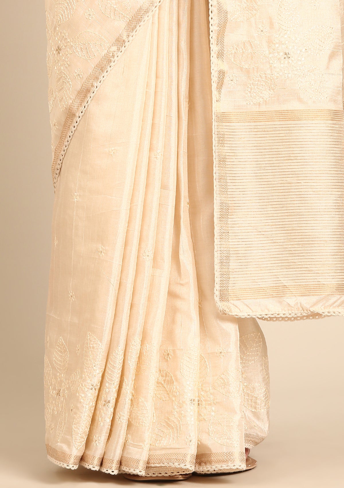Cream Fancy Embroidery Tussar Saree - Taashi