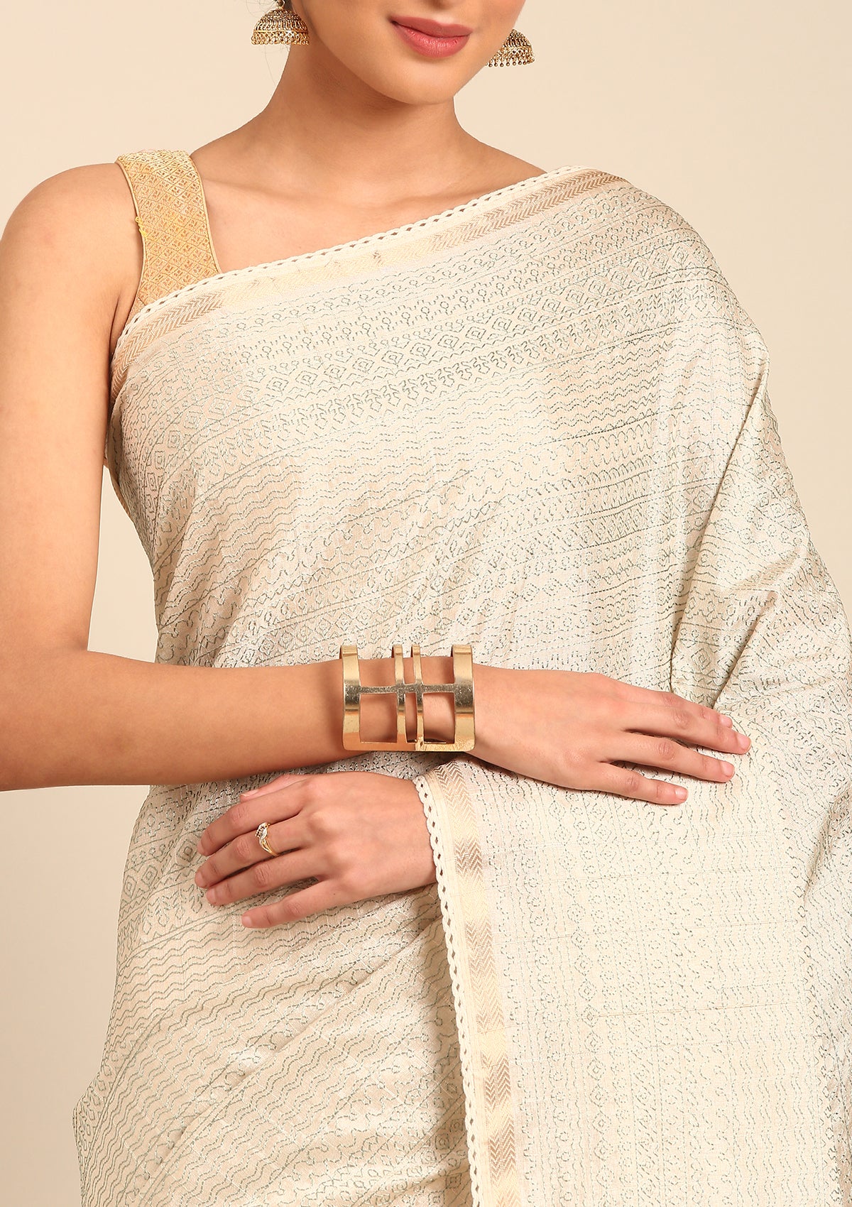 Cream Fancy Embroidery Tussar Saree - Taashi