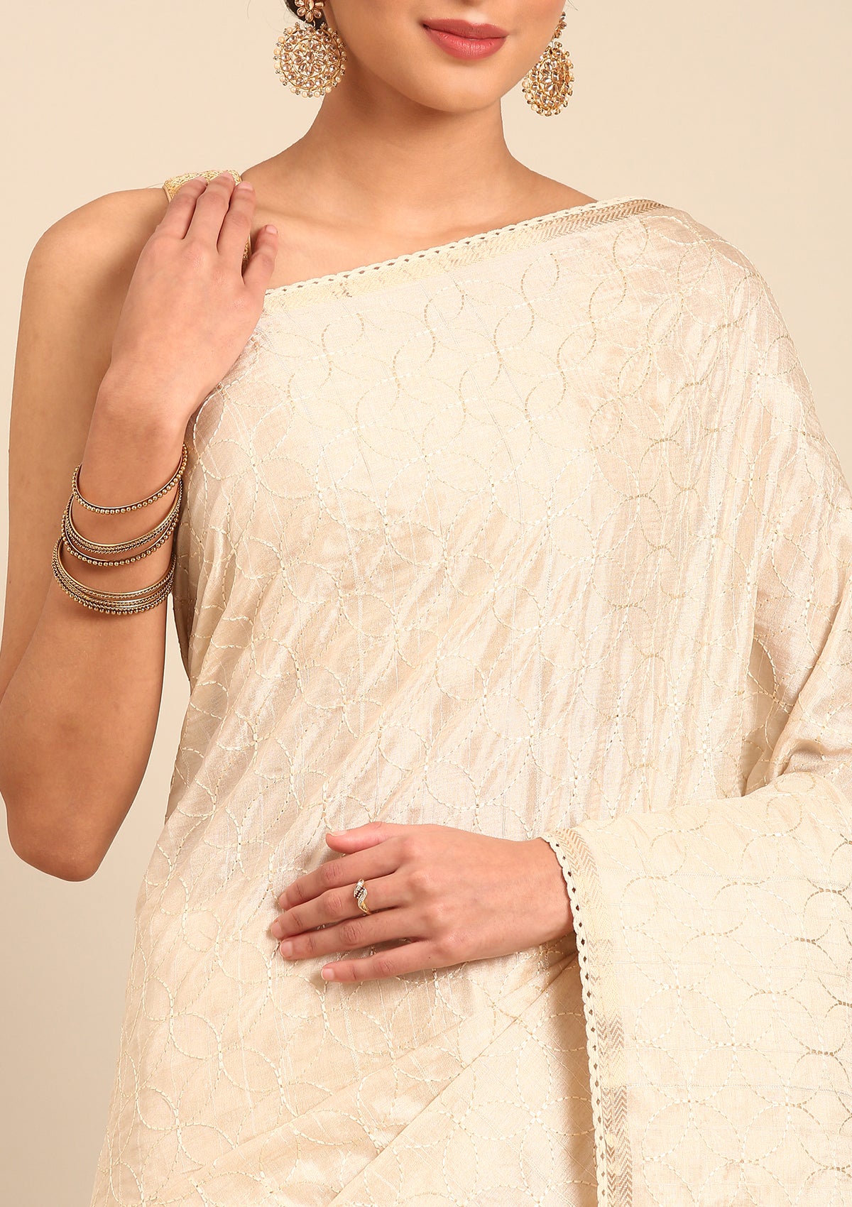 Cream Fancy Embroidery Tussar Saree - Taashi