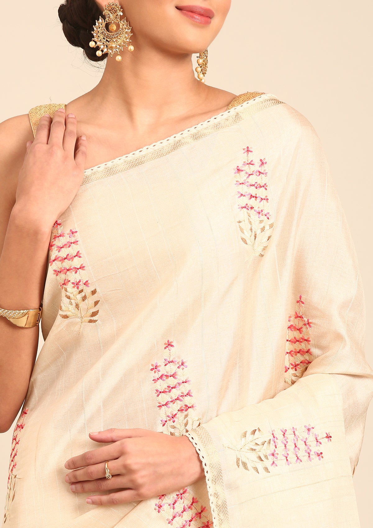 Cream Fancy Embroidery Tussar Saree - Taashi