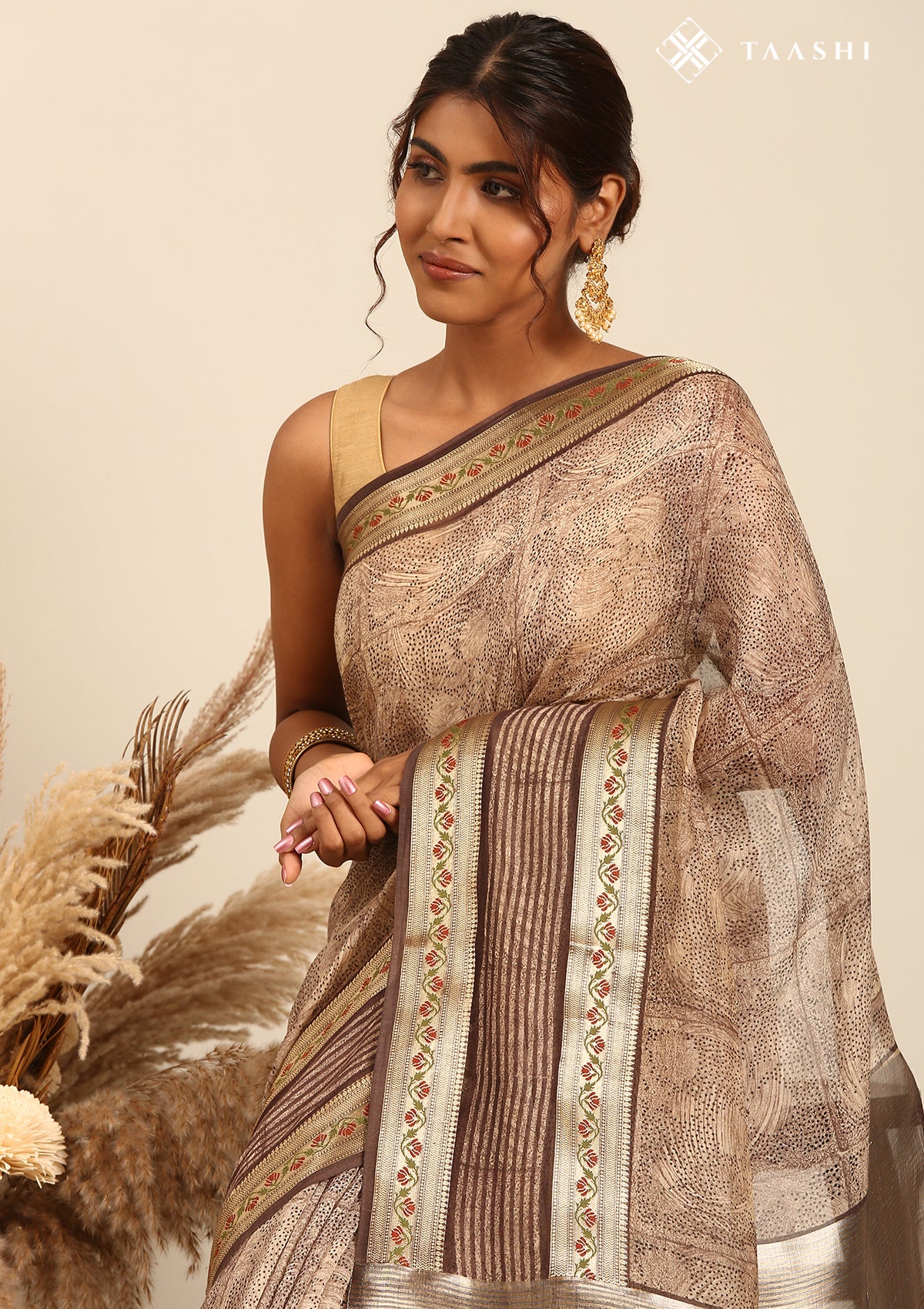 Brown Chanderi Saree With Textured Print & Stripes