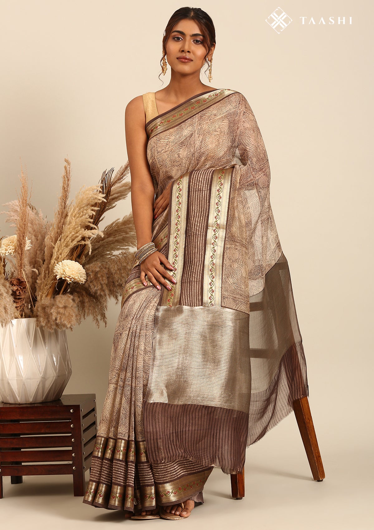Brown Chanderi Saree With Textured Print & Stripes