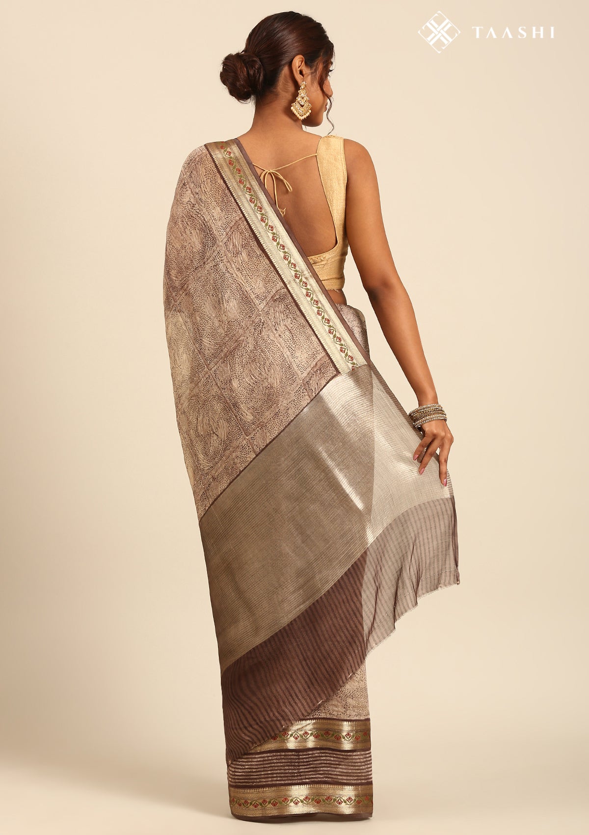 Brown Chanderi Saree With Textured Print & Stripes