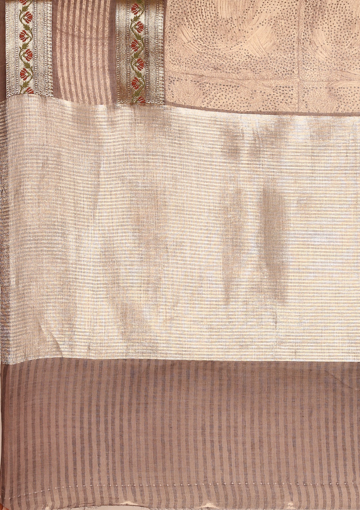Brown Chanderi Saree With Textured Print & Stripes