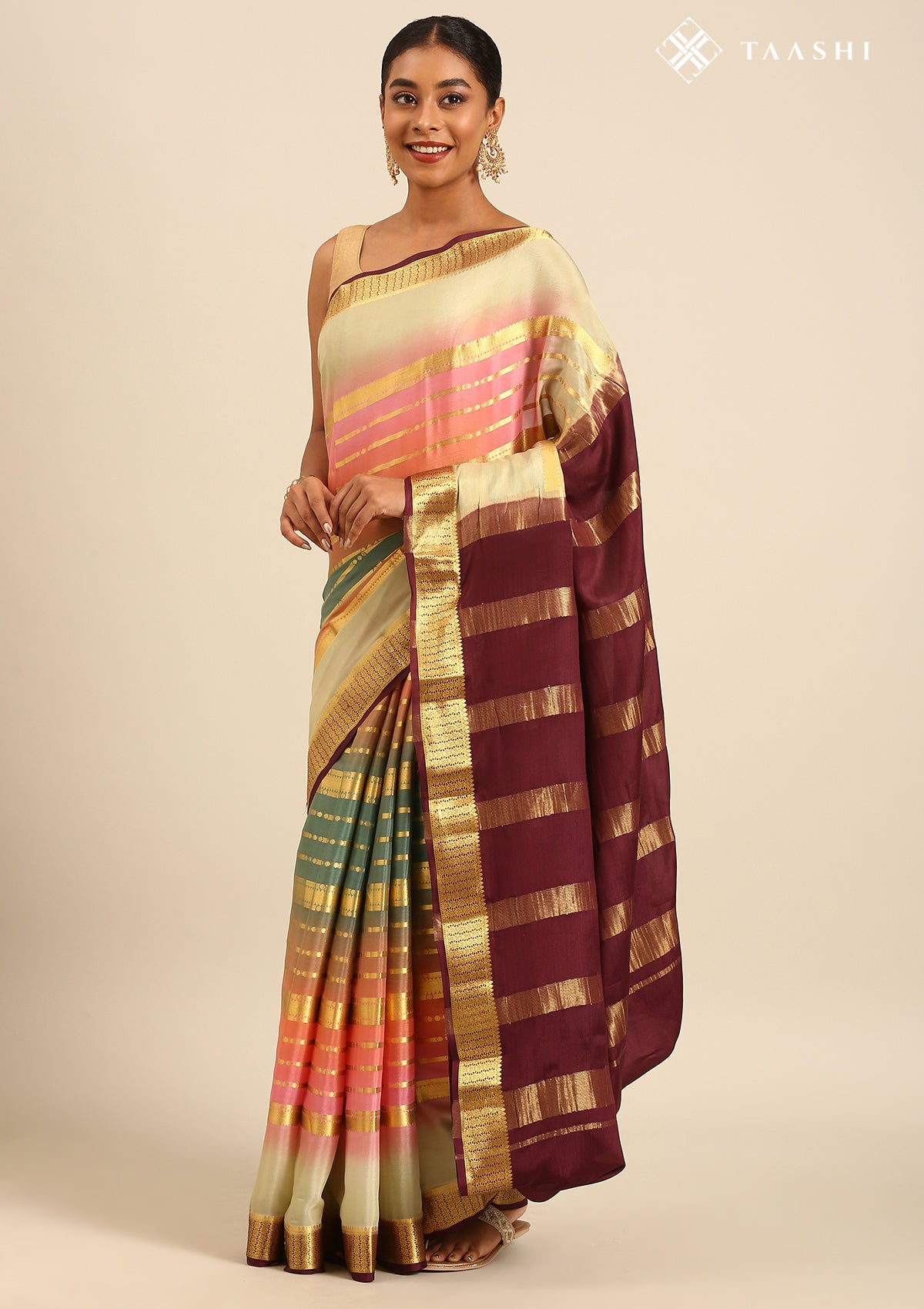Soft Color Changing Multicolors Striped Woven Mysore Silk Saree