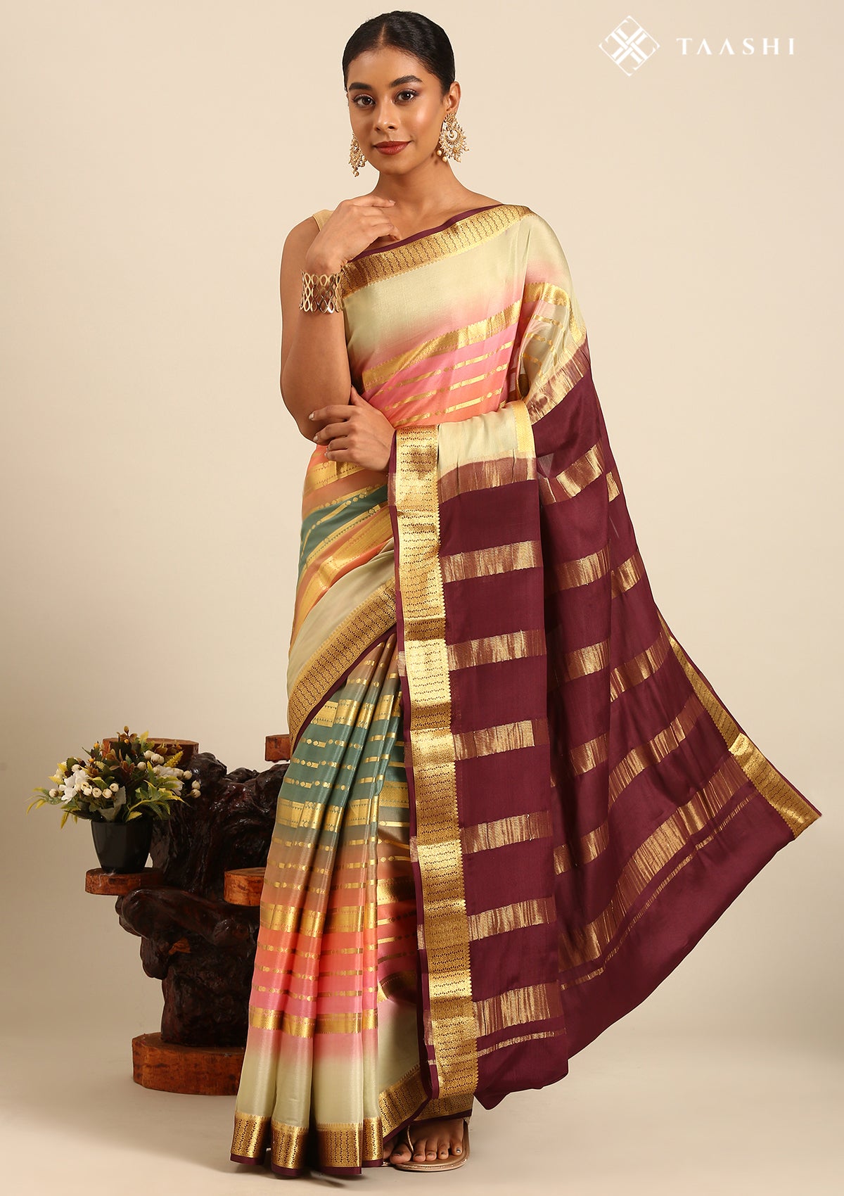 Soft Color Changing Multicolors Striped Woven Mysore Silk Saree