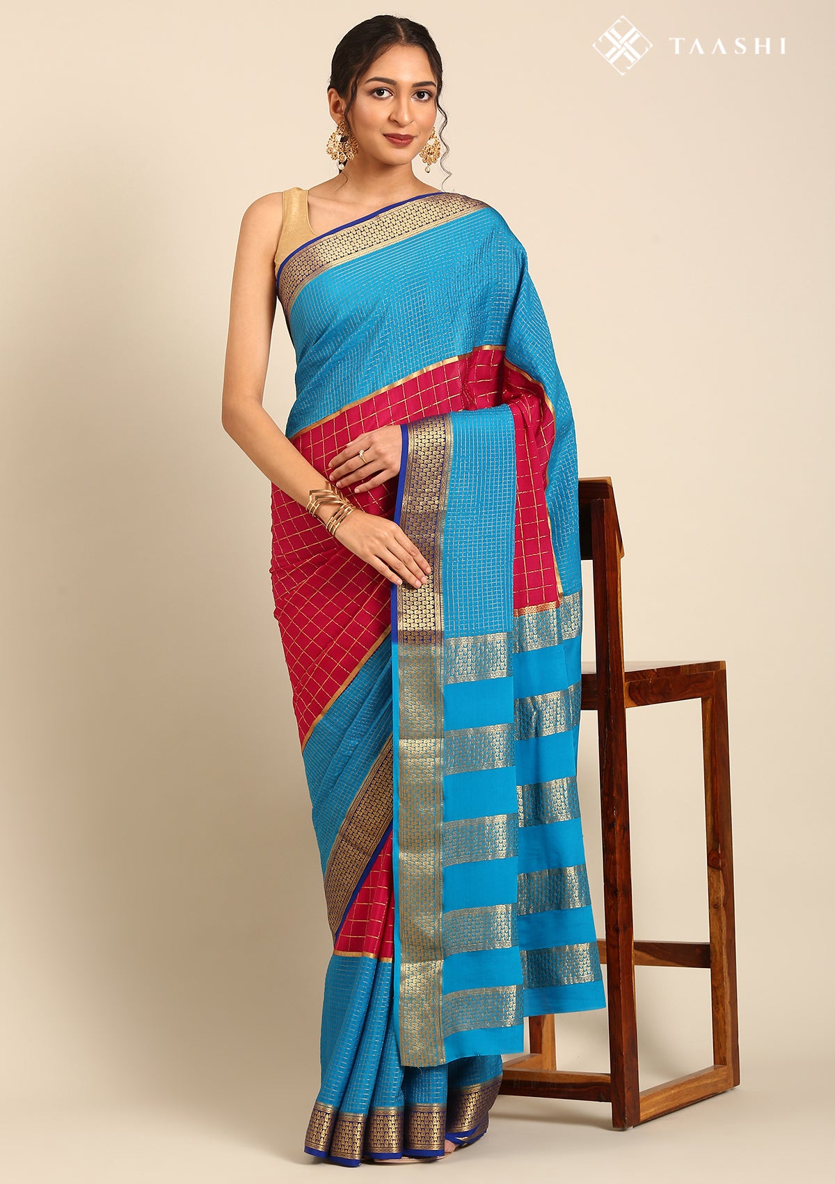 Blue And Pink Check Woven Mysore Silk Saree