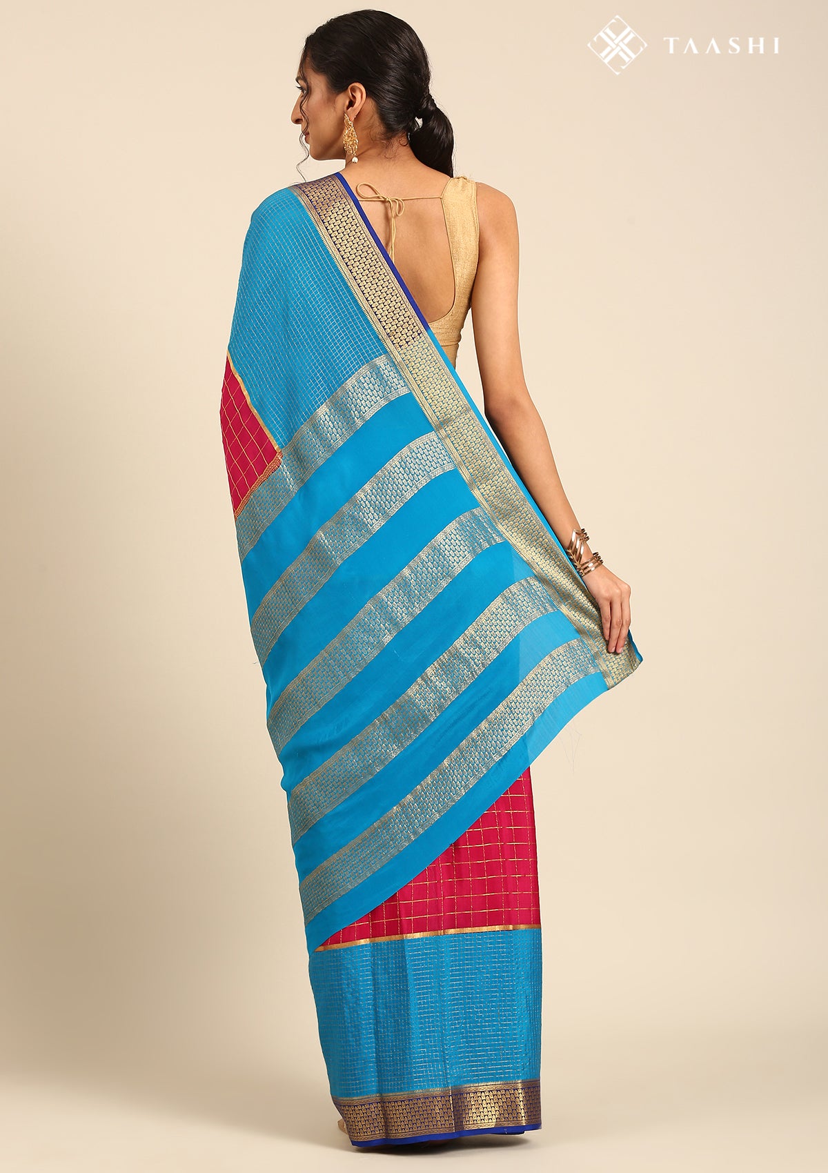 Blue And Pink Check Woven Mysore Silk Saree