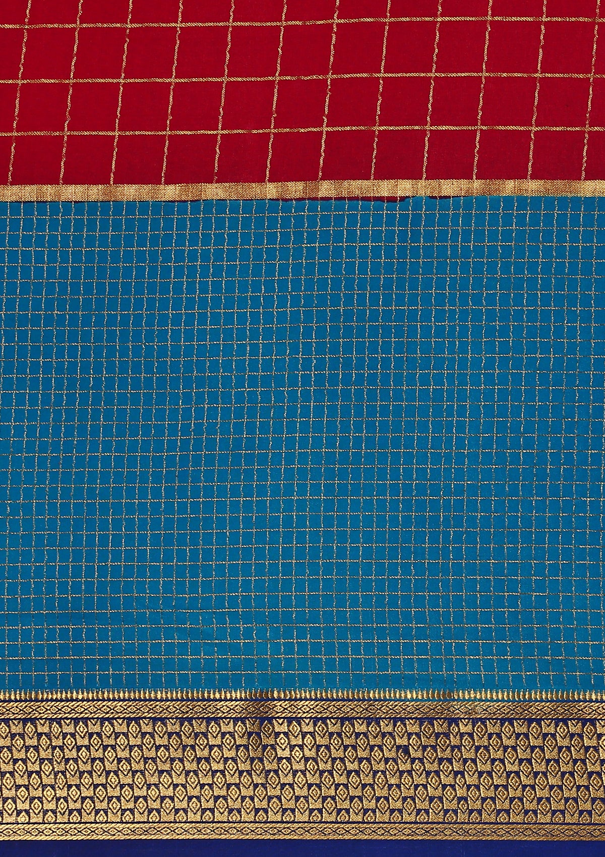 Blue And Pink Check Woven Mysore Silk Saree