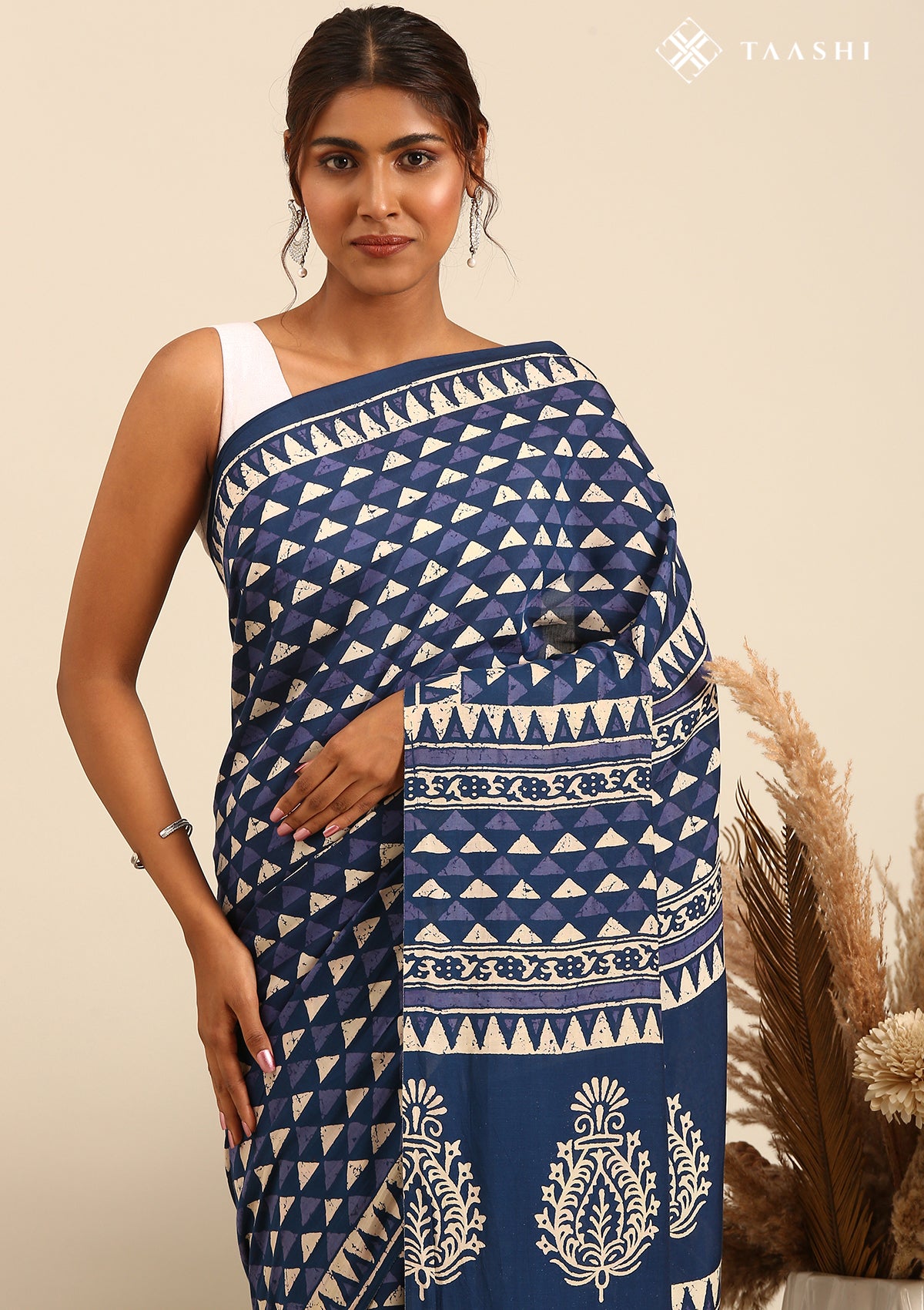Indigo Block Printed Cotton Saree - Taashi