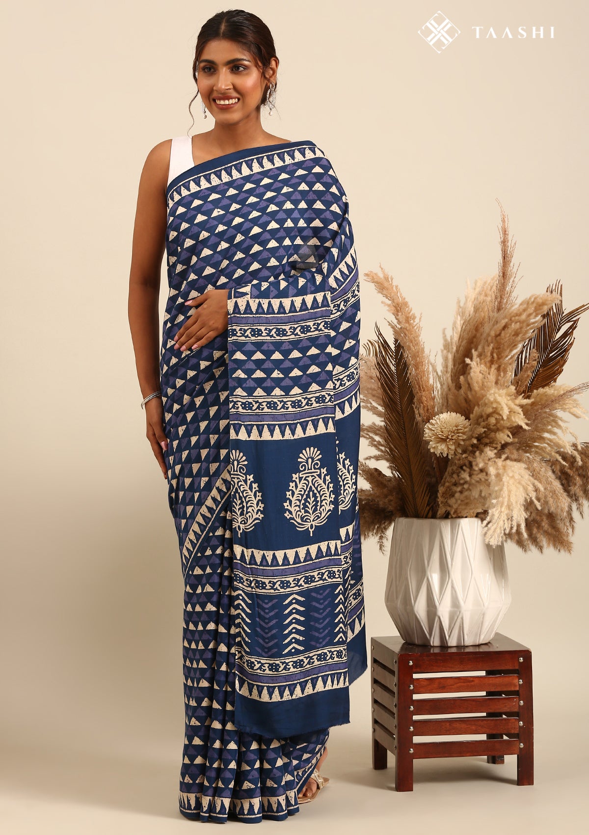 Indigo Block Printed Cotton Saree - Taashi