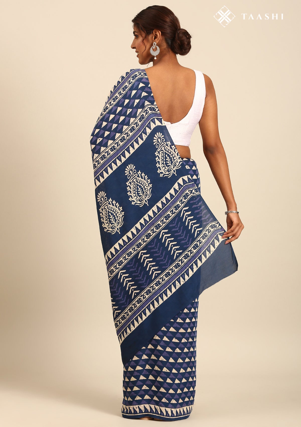 Indigo Block Printed Cotton Saree - Taashi