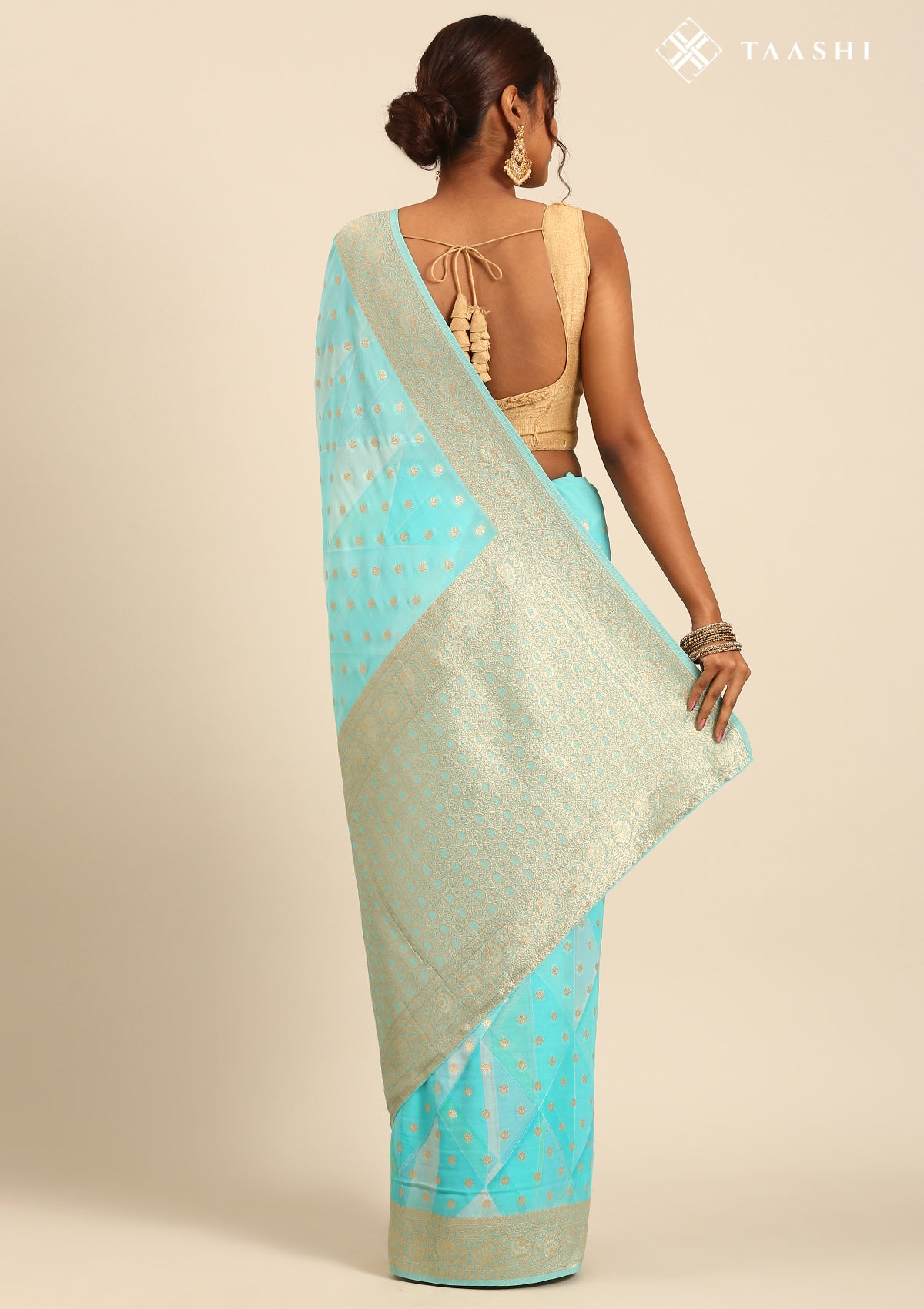 Blue Georgette Printed And Zari Butta Saree
