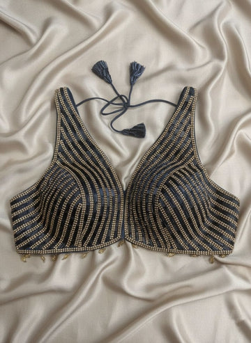 Dark Blue-Grey Embellished Blouse with Gold Detailing and Tassel Accents