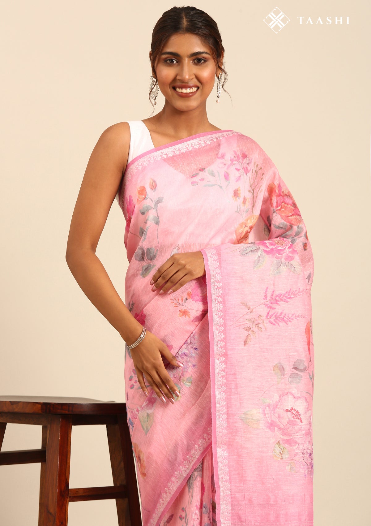 Pink Floral Printed Linen Saree