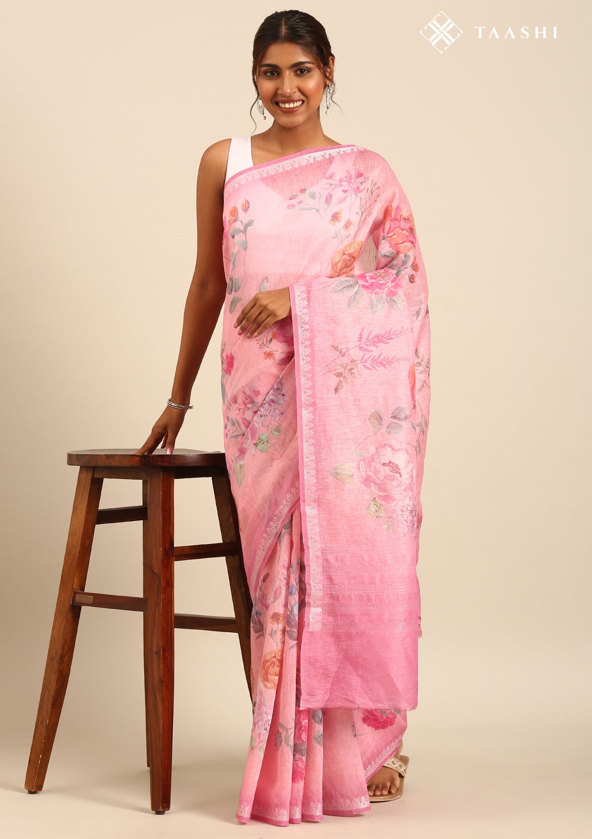 Pink Floral Printed Linen Saree