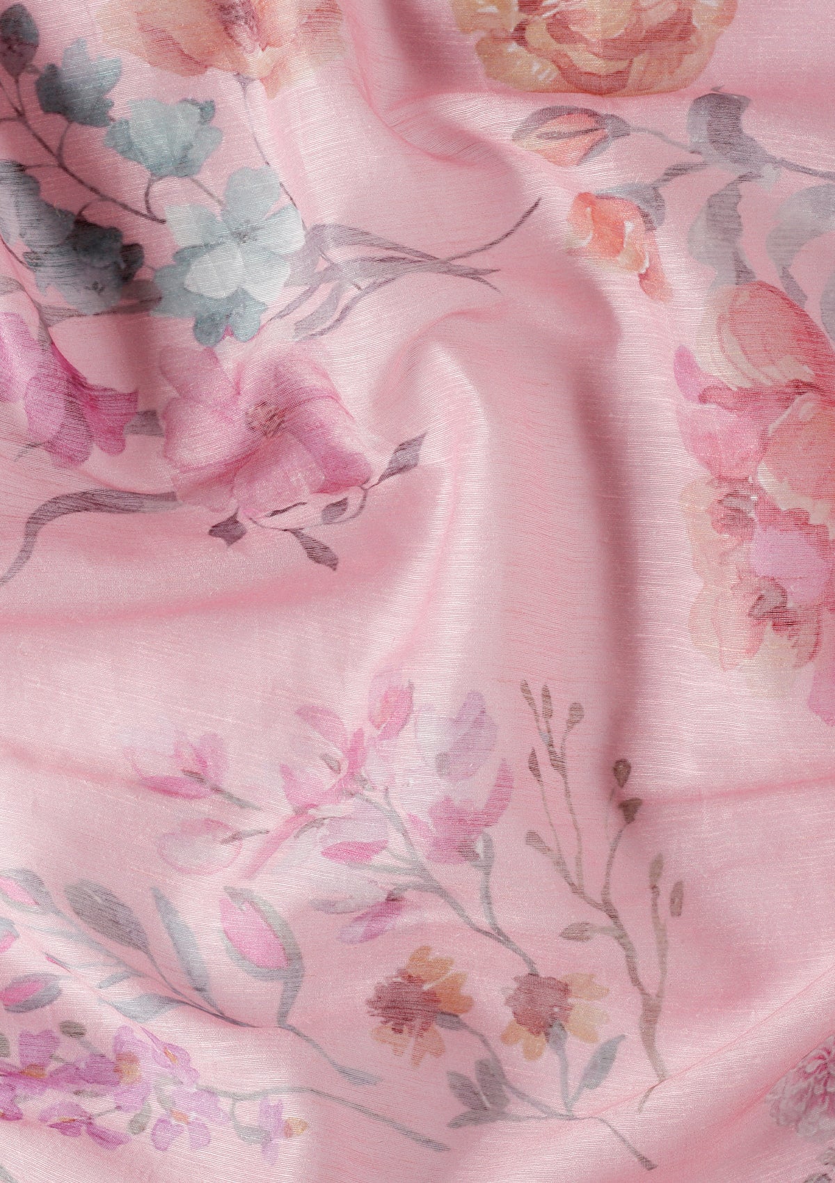 Pink Floral Printed Linen Saree