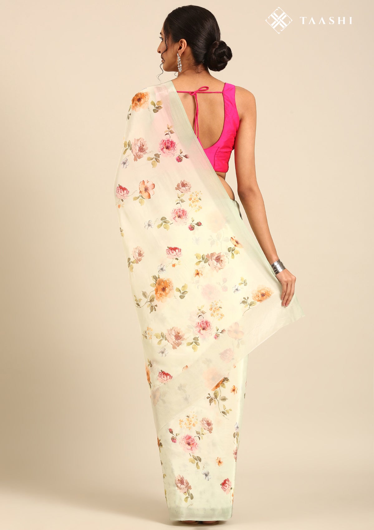 Pastel Mint Green Floral Printed Crepe Saree