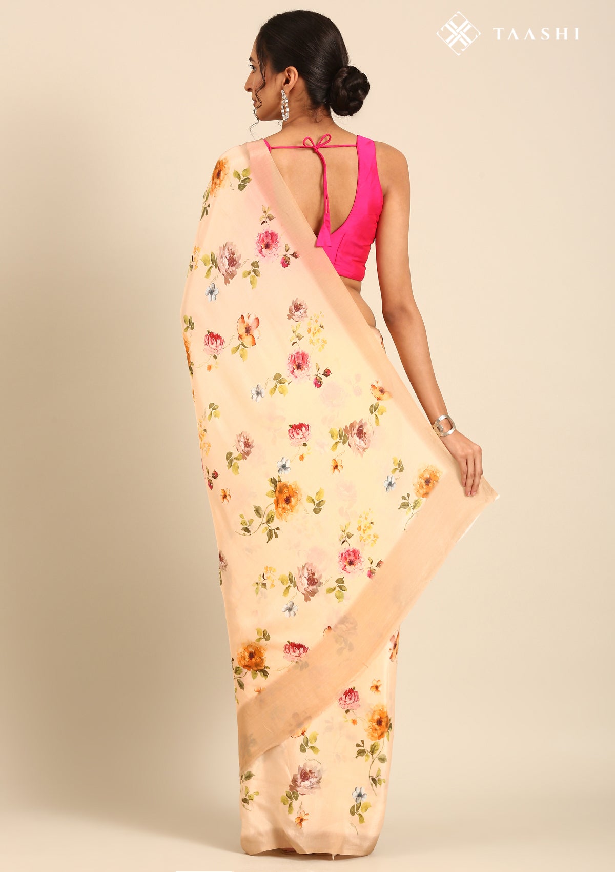 Pastel Peach Floral Printed Crepe Saree