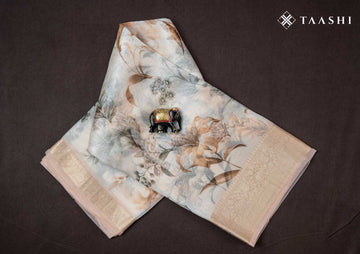 Pastel Peach Floral Printed Organza Saree - Taashi