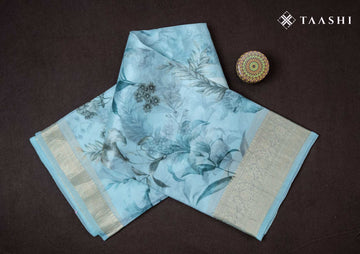 Pastel Blue Floral Printed Organza Saree - Taashi